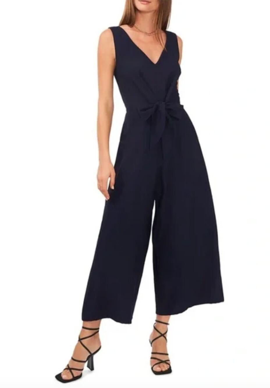 Vince Camuto Womens Wide Leg V-Neck Front Tie Jumpsuit 3X Classic Navy Blue